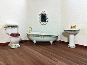 Dollhouse Bathroom Set White & Green Porcelain Tub Toilet Sink 1:12 Scale - Picture 1 of 6
