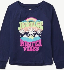 NWT - Justice Girls Navy Long Sleeve Winter Graphic Tee, Size M -Free Ship! -G40 - Picture 1 of 5