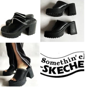 Y2K Skechers sandalo nero grosso 7 plateau slide cerniera argento vintage anni 90 nuovo - Foto 1 di 11