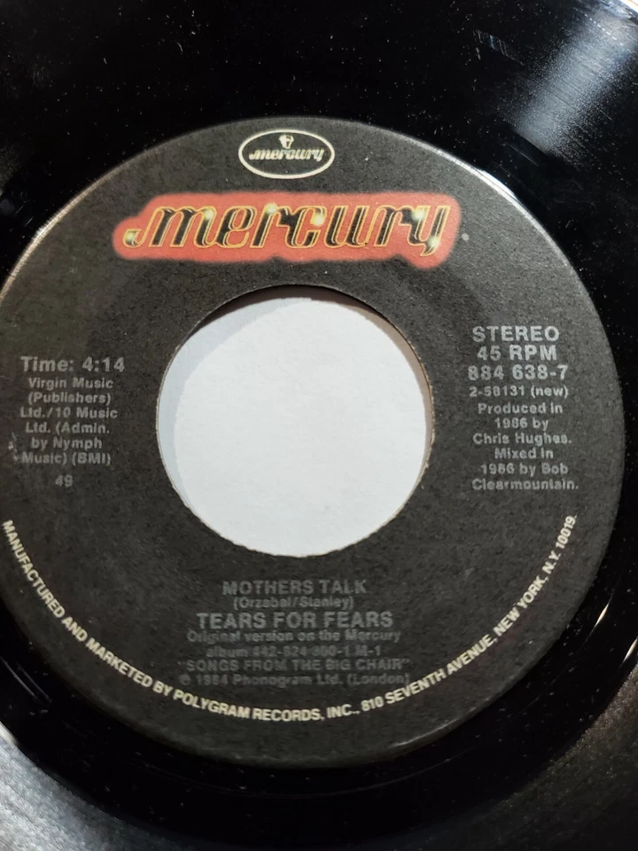  Tears For Fears - Mothers Talk / Sea Song - Mercury VG++ F50 - Image 1 of 1