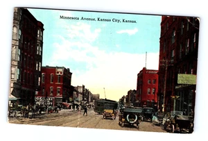 KANSAS CITY KS OLD MINNESOTA AVE BUILDINGS CARS TROLLEY 1915 POSTCARD (J-7) - Picture 1 of 2