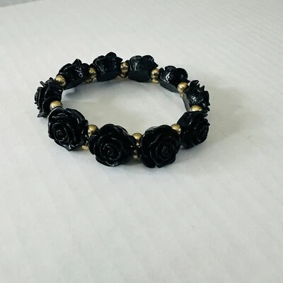 "Brazalete gótico negro rosa acrílico cuentas 20 cuentas de oro diez 1/2"" rosas elásticas" Foto 1 de 4