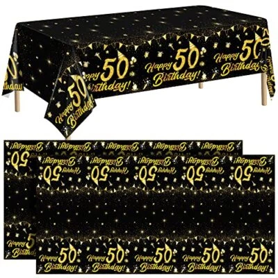  2 Pack 50th Birthday Tablecloth Table Cover Plastic Black Gold Black Gold 50th - Image 1 of 4