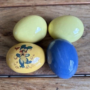 Glazed Ceramic Easter Eggs Hollow Set Of 4 Yellow Blue Orange Kitsch - Picture 1 of 7