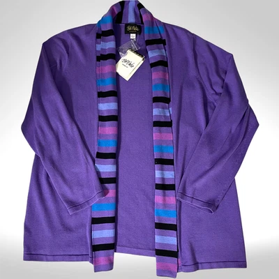 Purple Knit Cardigan Bob Mackie Wearable Art  Women’s L Striped Shawl Collar NWT - Image 1 of 4