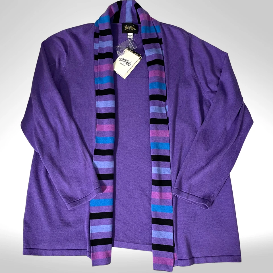 Purple Knit Cardigan Bob Mackie Wearable Art  Women’s L Striped Shawl Collar NWT - Image 1 of 4