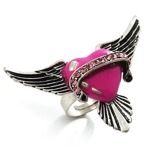 Vintage Pink Heart And Wings Cocktail Ring (Antique Silver) - Picture 1 of 4