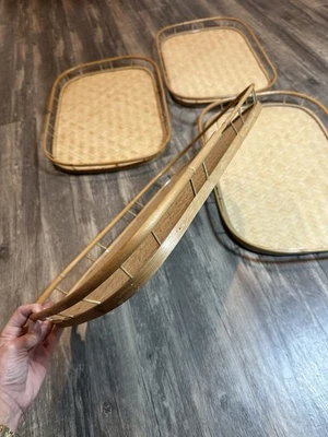Set of 4 Vintage Woven Bamboo Rattan Trays – Square/Rectangle Serving Trays - Image 1 of 4