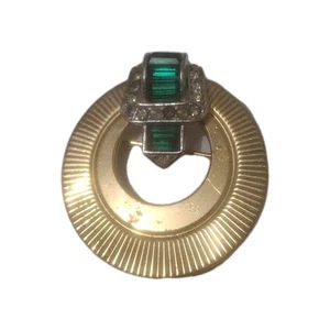 Vintage BOUCHER Gold Plated Circle Brooch Buckle Green Clear Art Deco As-Is  - Picture 1 of 4