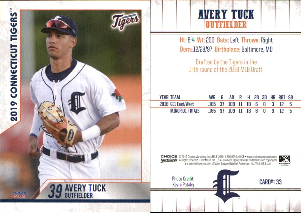 Avery Tuck 2019 Choice Connecticut Tigers #33 RC Card FREE SHIP *AutographDen* - Image 1 of 1