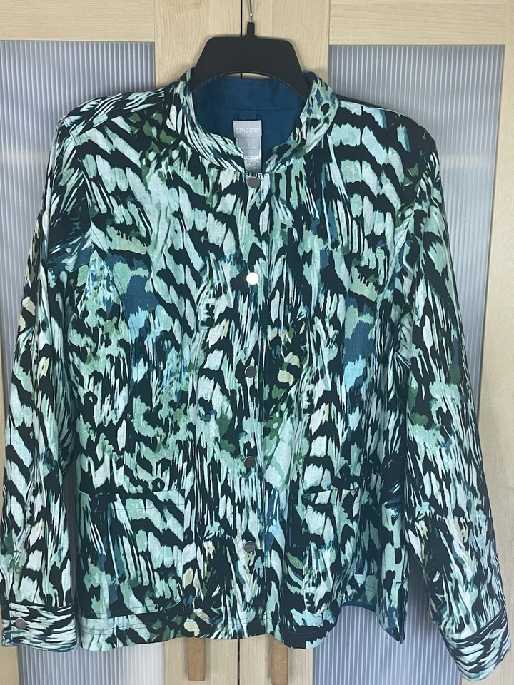Chaqueta Floral Azul Reversible Chico's Talla 3 XL Para Mujer Lino Informal Carrera Viaje Foto 1 de 4