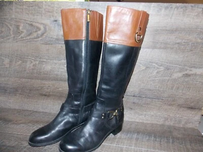 Botas de moda Bandolino negras de cuero marrón con cremallera y hebilla hasta la rodilla para mujer talla 6M Foto 1 de 3