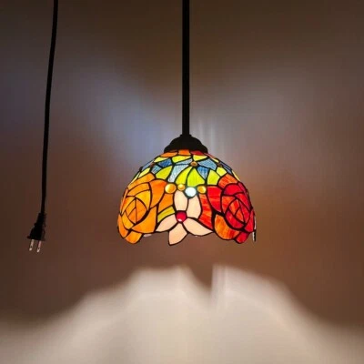 Tiffany Style Mini Hanging Lamp Plug In Stained Glass Rose Flowers 60"H*8"W*8"D - Image 1 of 4