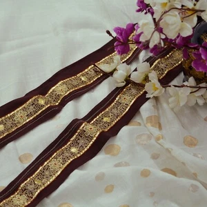 Indian Vintage Maroon Saree Border Hand Embroidered Gota Patti Craft Trim 1yd - Picture 1 of 13