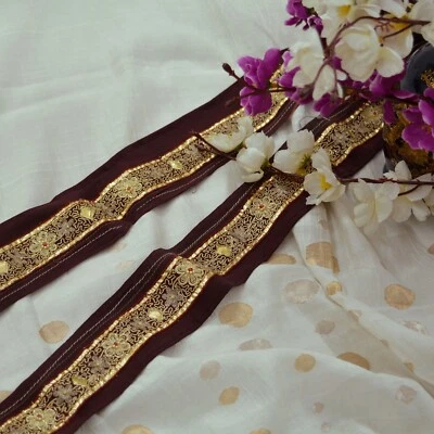 Indian Vintage Maroon Saree Border Hand Embroidered Gota Patti Craft Trim 1yd - Image 1 of 4