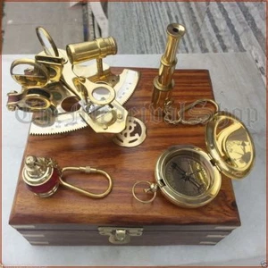VINTAGE MARITIME COMPASS/TELESCOPE/SEXTANT W/WOODEN BOX NAUTICAL BRASS GIFT SET - Picture 1 of 4