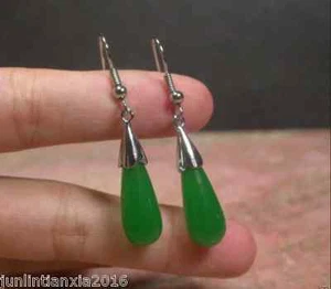 Fashion Natural Green Jade Teardrop 925 Silver Hook Dangle Earrings - Picture 1 of 12