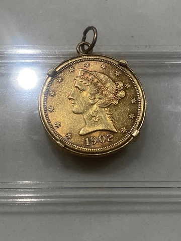 Gold 1902-S $5 Half Eagle Liberty Head Gold Coin Pendant, Vintage Bezel Cover