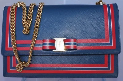 New Salvatore Ferragamo Ginny Bag Blue Saffiano Clutch Crossbody - Image 1 of 4