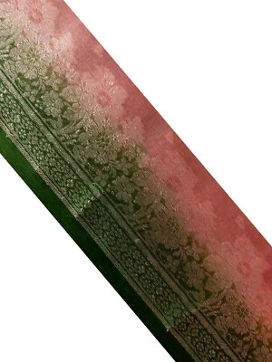 Indiano Vintage Rosa e Verde Puro Tussar Seda Acabamento Saree Tecido à Mão Borda Floral - Imagem 1 de 4