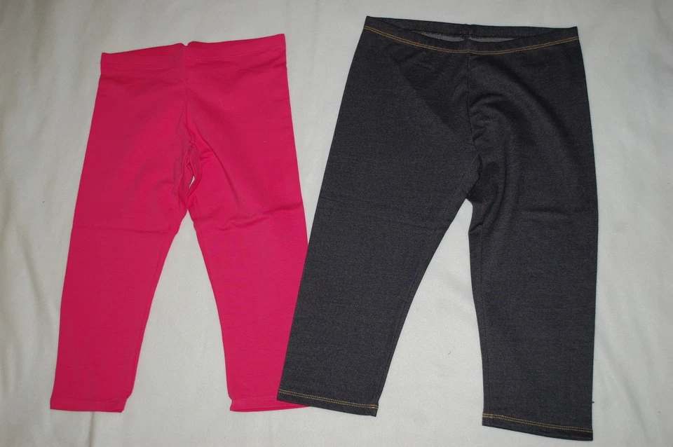 Girls 2 PAIR LOT Knit Capri Leggings SOLID PINK Dark Blue Denim Look L 10-12 - Image 1 of 1