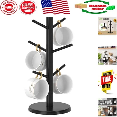 Sturdy Black Bamboo Coffee Cup Organizer - 6-Hook Design for Stylish Spaces - Image 1 of 4