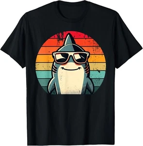 Cool Retro Shark in Sunglasses 70s 80s 90s Funny Shark Gift Unisex T-Shirt - Picture 1 of 4