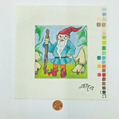 Hand Painted Needlepoint Pattern Gnome 2007 Mushrooms Signed Elf  - Image 1 of 4