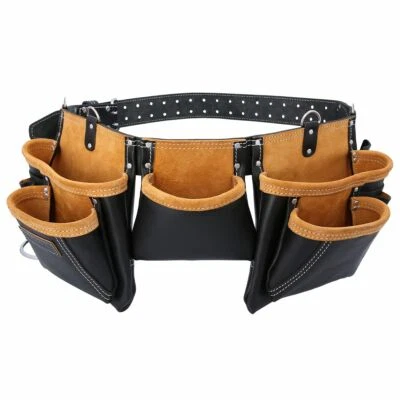 Leather Tool Belt 11 Pocket Black Suede Adjustable Builder Pouch - Image 1 of 4
