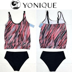 Yonique Women’s Two Piece Blouson Tankini Swimsuit NWT Size M Black/Pink - Picture 1 of 9