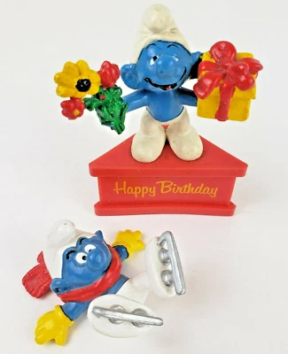 Lot of 2 Vintage Smurf A Gram Happy Birthday Smurfs & Ice Skater PVC Toys Peyo - Image 1 of 4