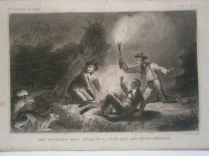 gravure 19° voyage Cook : Des matelots attaqués la nuit par des bêtes féroces - Imagen 1 de 1
