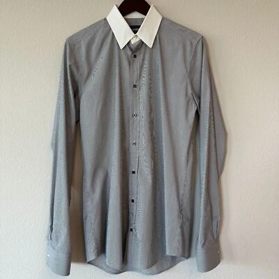 Gucci Men’s Dress Shirt Gray Striped w. White Collar Classic Cotton Size 15/38 - Image 1 of 4