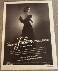 Anuncio impreso comercial de reserva de tour de 1949 auténtico vintage de Francine Falkon - Imagen 1 de 3
