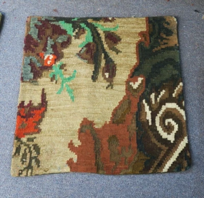 Vintage Old Turkish Anatolian Kilim Pillow Cushion Hand Woven Wool 20"x20" - 12 - Image 1 of 3