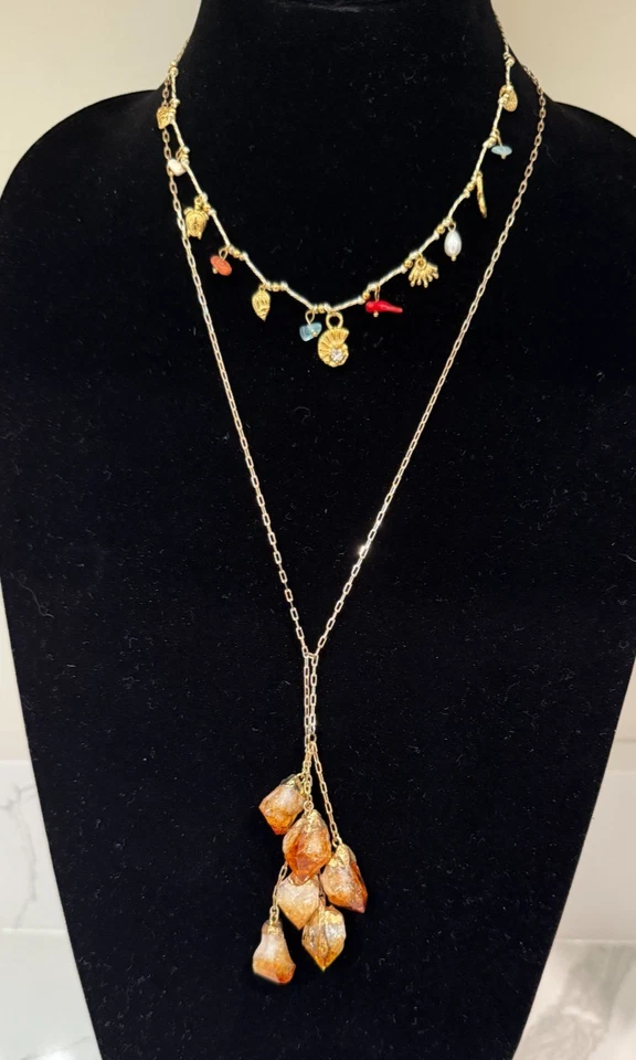 Lote de collar en tono dorado - Colgante de piedra naranja cruda y collar con dije inspirado en el mar Foto 1 de 4