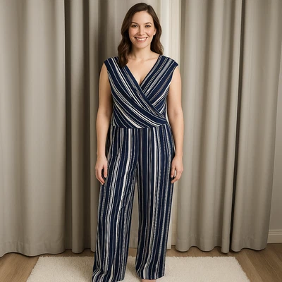 Emma & Michele Blue White Stripe Jersey V Neck Wide Leg Jumpsuit Size Large - Image 1 of 4