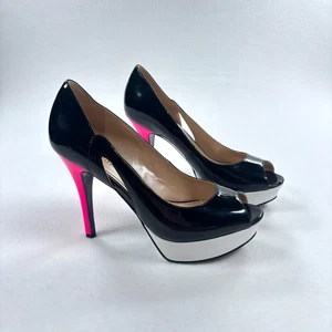Marc Fisher Heels Peep Toe Pump Black Pink White Platform Pinup 50s Era 7.5 - Picture 1 of 8