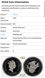 1997 $15 Australia 1/10 Oz Platinum Proof Koala Coin • TOP POP 1 • 697 Minted - Picture 1 of 5