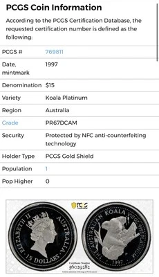 1997 $15 Australia 1/10 Oz Platinum Proof Koala Coin • TOP POP 1 • 697 Minted - Image 1 of 4