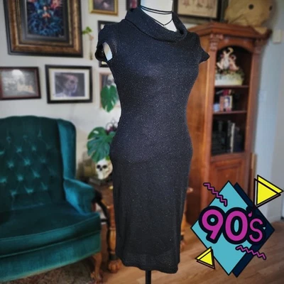 Vestido Glamuroso Vintage Años 90 City Triángulos Negro Brillante Capucha Cuello Fiesta Disco M Foto 1 de 4