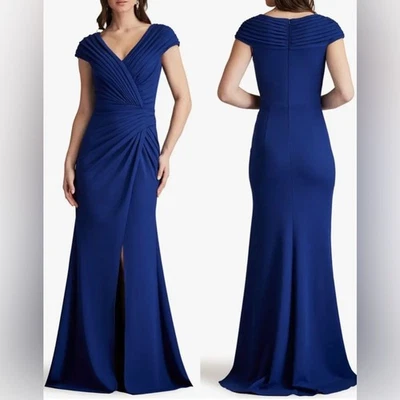 NOVO VESTIDO AZUL DRAPEADO TADASHI SHOJ CARGILL plissado crepe trompete tamanho G - Imagem 1 de 4