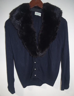 Cardigã S2 100% Orlon azul marinho anos 60 suéter feminino gola de pele de coelho G/S - Imagem 1 de 4