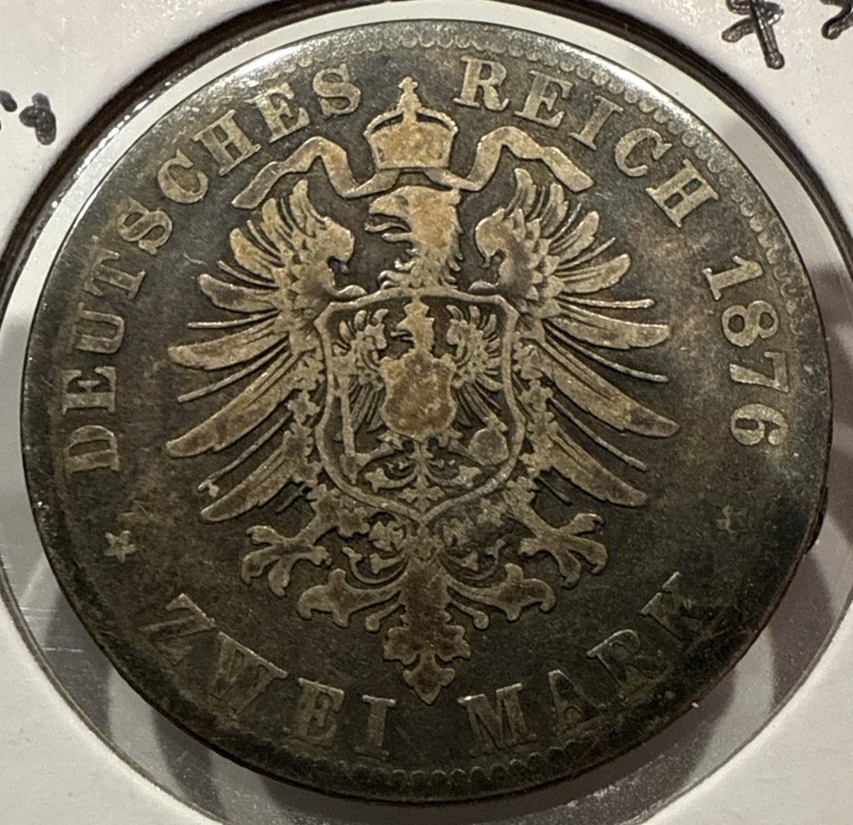 Moneda de plata extranjera de 2 marcos de Prusia de 1876 de dos marcos Guillermo Foto 1 de 4