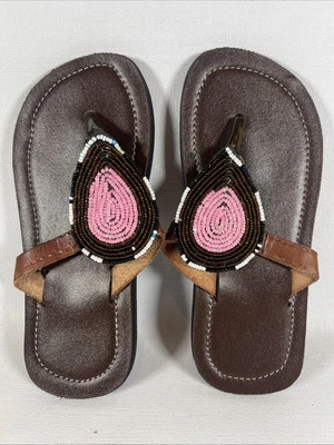 Sandálias de couro genuíno com miçangas Maasai tamanho 31 tamanho 13 EUA rosa multicolorido infantil - Imagem 1 de 4