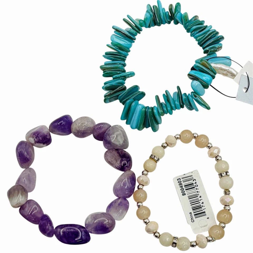 弹性手链 紫水晶拖把 石块 粗巧 波希米亚 批量 3 件 自然主义者 — 第 1/4 张图片
