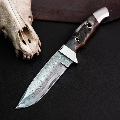 Gift-Ready 8.8" Damascus / Steel Knife Full Tang Hunt it Hunt + Leather Sheath - Image 1 of 4