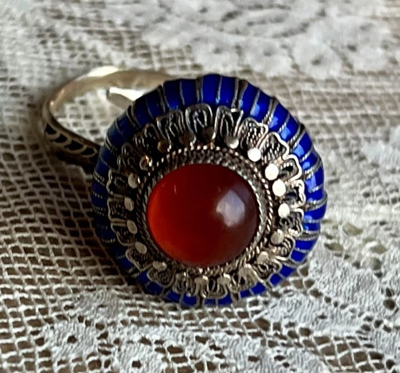 Anillo de filigrana cornalina Art Deco chino antiguo raro TLC COMO ESTÁ Foto 1 de 4