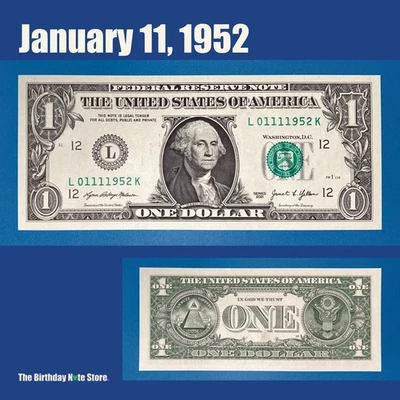 January 11, 1952 Birthday Anniversary $1 One Dollar Bill Serial Number 01111952 - Image 1 of 2