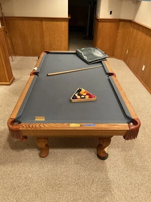 8ft by 4 and 1/2ft Olhausen Slate Pool Table with Rack, Cues & Balls - Image 1 of 3